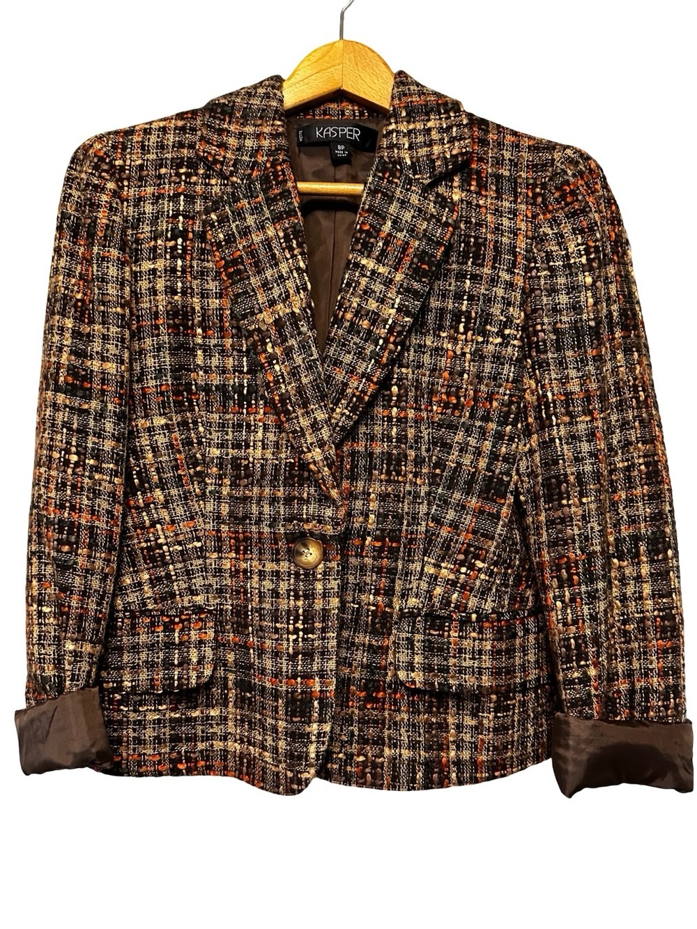 Kasper Tweed Blazer Jacket Brown Orange Plaid Career Chic Structured Size 8P